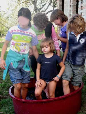 Vino fai da te, pigiatura dell'uva chianti per la vinificazione casalinga